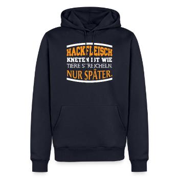 Hackfleisch kneten ist wie Tiere streicheln - Männer Premium Bio Hoodie - Navy - Vorne - Nico (187cm)