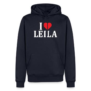 nom t-shirt J’aime Leila t-shirt idée cadeau - Sweat à capuche Premium bio Homme - bleu marine - Devant - Nico (187cm)