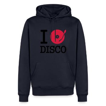 i dj / play / listen to disco - Sweat à capuche Premium bio Homme - bleu marine - Devant - Nico (187cm)