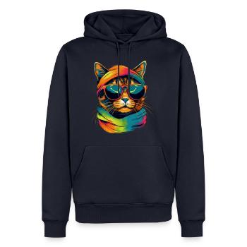 Bunte Katze mit Schal und Sonnenbrille - Männer Premium Bio Hoodie - Navy - Vorne - Nico (187cm)