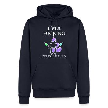 Pflegehorn - Männer Premium Bio Hoodie - Navy - Vorne - Nico (187cm)
