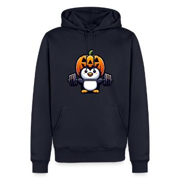 Halloween Penguin with Dumbbell Weightlifting Pumpkin - Men’s Premium Organic Hoodie - navy - Front - Nico (187cm)