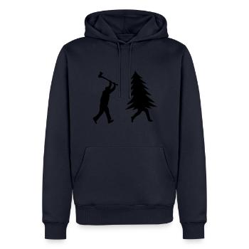 Funny Christmas tree is chased by Lumberjack - Men’s Premium Organic Hoodie - navy - Front - Nico (187cm)