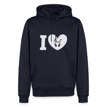 J’aime la musique – Musique rock, Star, Disco, Écoutez de la musique - Sweat à capuche Premium bio Homme - bleu marine - Devant - Nico (187cm)