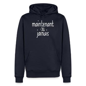 maintenant ou jamais jetzt oder nie weiss - Männer Premium Bio Hoodie - Navy - Vorne - Nico (187cm)