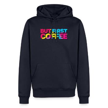 Mais d’abord Café - Dicton amateur de café rétro - Sweat à capuche Premium bio Homme - bleu marine - Devant - Nico (187cm)