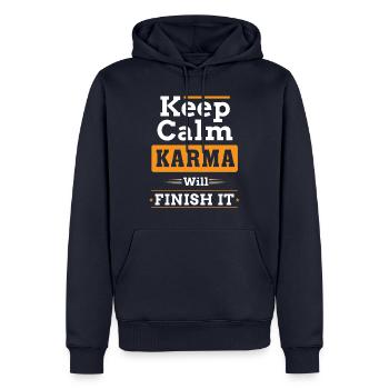 Keep Calm KARMA veut FINIR - Sweat à capuche Premium bio Homme - bleu marine - Devant - Nico (187cm)
