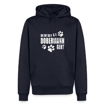 Die mit dem Dobermann geht - Männer Premium Bio Hoodie - Navy - Vorne - Nico (187cm)