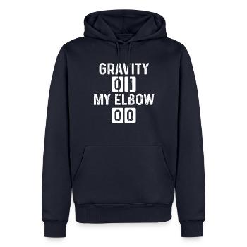 Drôle de coude cassé Gravité Survivant du coude cassé - Sweat à capuche Premium bio Homme - bleu marine - Devant - Nico (187cm)
