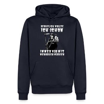 Beruflich wollte ich schon immer was mit Menschen - Männer Premium Bio Hoodie - Navy - Vorne - Nico (187cm)