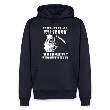 Beruflich wollte ich schon immer was mit Menschen - Männer Premium Bio Hoodie - Navy - Vorne - Nico (187cm)