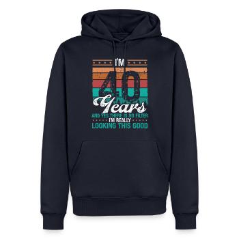 40e anniversaire Pas de filtre Drôle 40 ans - Sweat à capuche Premium bio Homme - bleu marine - Devant - Nico (187cm)