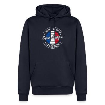 Dermatologue L'Homme Le Mythe La Légende - Sweat à capuche Premium bio Homme - bleu marine - Devant - Nico (187cm)