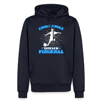 COOLE JUNGS SPIELEN FUßBALL! Fussball Fussballer - Männer Premium Bio Hoodie - Navy - Vorne - Nico (187cm)