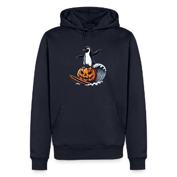 Halloween Pinguin Kürbis Surfer Surfbrett - Männer Premium Bio Hoodie - Navy - Vorne - Nico (187cm)