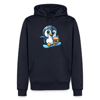 Cooler Pinguin Snowboarder mit Burger - Männer Premium Bio Hoodie - Navy - Vorne - Nico (187cm)