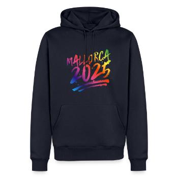 Mallorca 2025 Bunt - Männer Premium Bio Hoodie - Navy - Vorne - Nico (187cm)