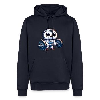 Hibou avec haltères séance d’entraînement Harfang des neiges tige - Sweat à capuche Premium bio Homme - bleu marine - Devant - Nico (187cm)
