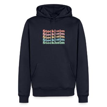 Ville de Suède hippie vintage des années 70 - Stockholm rétro - Sweat à capuche Premium bio Homme - bleu marine - Devant - Nico (187cm)