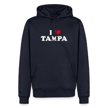Coeur USA City - J’aime Tampa - Sweat à capuche Premium bio Homme - bleu marine - Devant - Nico (187cm)