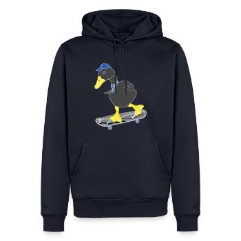 Schwarze Ente auf grau blau Skatebord, lustig cool - Männer Premium Bio Hoodie - Navy - Vorne - Nico (187cm)
