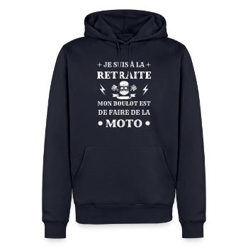 t shirt retraite moto humour motard homme drole - Sweat à capuche Premium bio Homme - bleu marine - Devant - Nico (187cm)