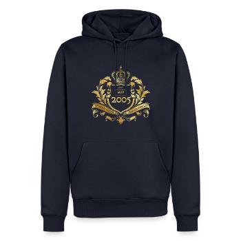 20e anniversaire Semper Verum - Création 05/2005 - Sweat à capuche Premium bio Homme - bleu marine - Devant - Nico (187cm)
