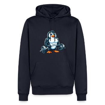 Dessin animé de bande dessinée d’haltérophilie de pingouin fort - Sweat à capuche Premium bio Homme - bleu marine - Devant - Nico (187cm)