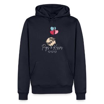 Fliegender Mops Pugs & Kisses Design mit Herzen - Männer Premium Bio Hoodie - Navy - Vorne - Nico (187cm)