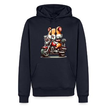 Süßer Hamster auf Chopper Motorrad - Männer Premium Bio Hoodie - Navy - Vorne - Nico (187cm)
