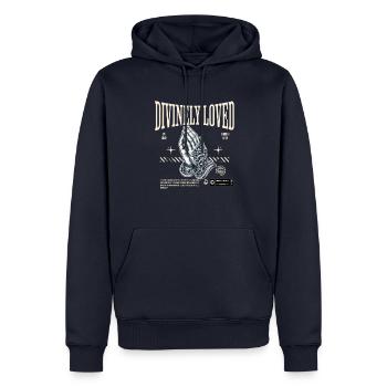Divinement aimé par la grâce par la foi par la prière - Sweat à capuche Premium bio Homme - bleu marine - Devant - Nico (187cm)