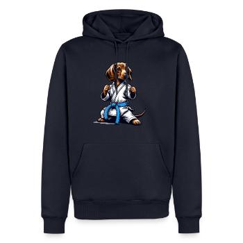 Karaté Teckel avec ceinture bleue - Sweat à capuche Premium bio Homme - bleu marine - Devant - Nico (187cm)