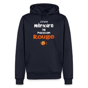 mémoire de poisson rouge - Cadeau humour - Sweat à capuche Premium bio Homme - bleu marine - Devant - Nico (187cm)