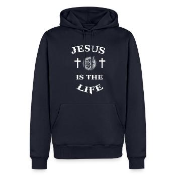 Jésus-Christ Christianisme religieux Croix Dicton - Sweat à capuche Premium bio Homme - bleu marine - Devant - Nico (187cm)