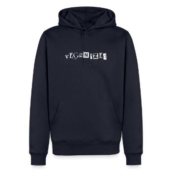 Veganized Statement: Zeitungsschnipsel Design dark - Männer Premium Bio Hoodie - Navy - Vorne - Nico (187cm)