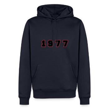 Numéro de l’année 1977 - Sweat à capuche Premium bio Homme - bleu marine - Devant - Nico (187cm)