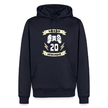 niveau 20 débloqué anniversaire 20 ans homme drole - Sweat à capuche Premium bio Homme - bleu marine - Devant - Nico (187cm)