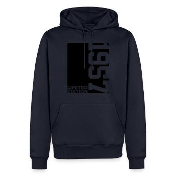 ÉDITION LIMITÉE 69E ANNIVERSAIRE 1957 - Sweat à capuche Premium bio Homme - bleu marine - Devant - Nico (187cm)