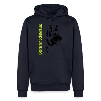 Portrait de chien de berger allemand avec écriture, à droite - Sweat à capuche Premium bio Homme - bleu marine - Devant - Nico (187cm)
