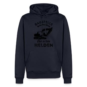 Baustelle - kein Problem für echte Helden - Bagger - Männer Premium Bio Hoodie - Navy - Vorne - Nico (187cm)