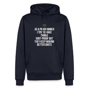 Als Programmierer versuche ich, Oberschenkel idiotensicher zu machen - Männer Premium Bio Hoodie - Navy - Vorne - Nico (187cm)