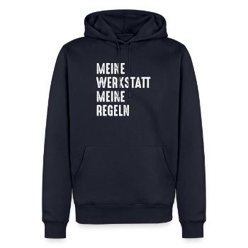 Meine Werkstatt, meine Regeln! Schrauber, Kfz, Fun - Männer Premium Bio Hoodie - Navy - Vorne - Nico (187cm)