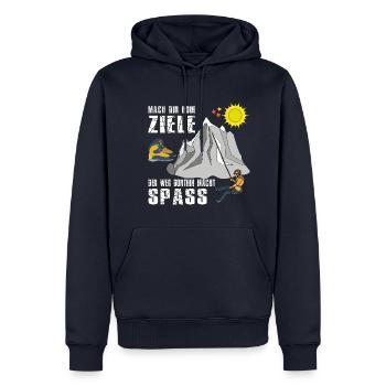 Das Ziel Berg, der Weg Spass! Wander u.Bergsteiger - Männer Premium Bio Hoodie - Navy - Vorne - Nico (187cm)