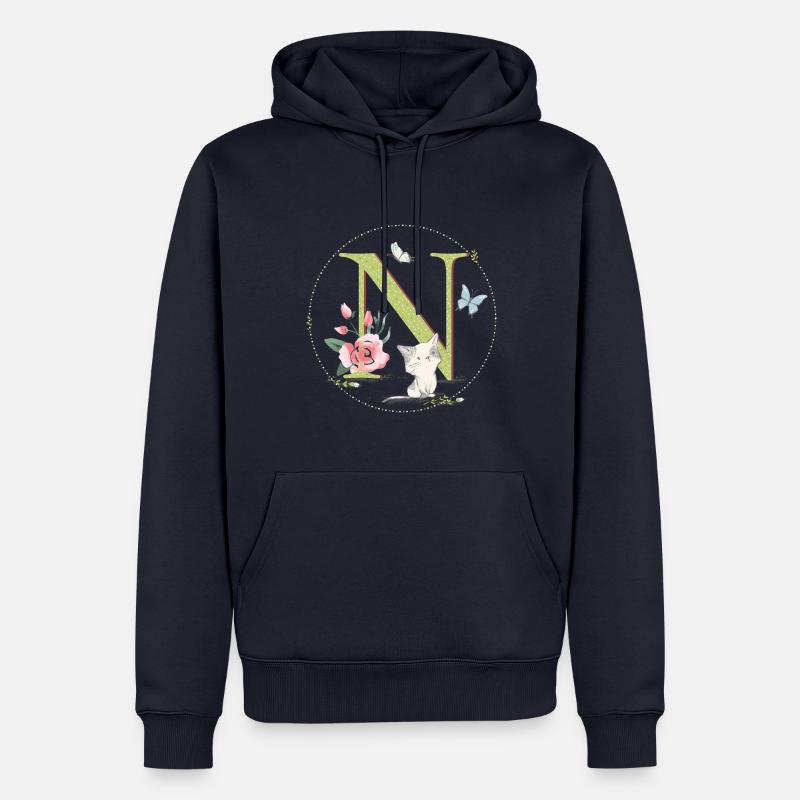 Lettre initiale N avec chat - Sweat à capuche Premium bio Homme - bleu marine