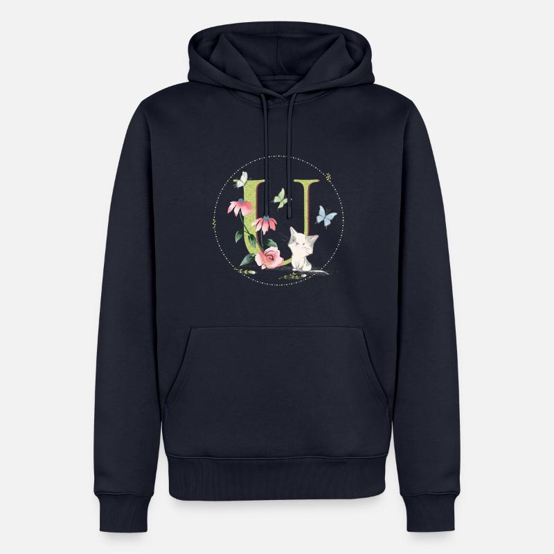 Lettre initiale U avec chat - Sweat à capuche Premium bio Homme - bleu marine