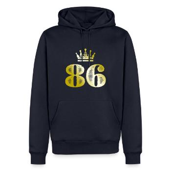 86 Numéro Couronne Or - Sweat à capuche Premium bio Homme - bleu marine - Devant - Nico (187cm)