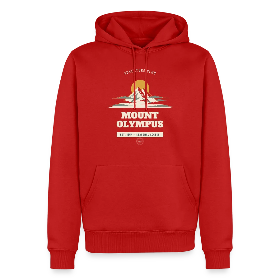 Mount Olympus badge on a men’s premium organic hoodie, red, front