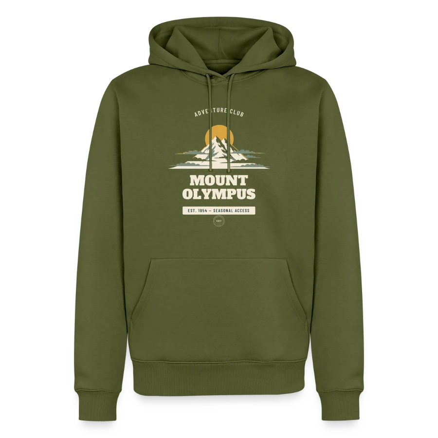 Mount Olympus badge on a men’s premium organic hoodie, khaki, front
