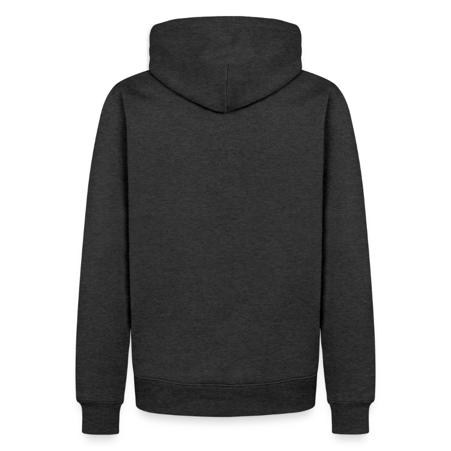 Mount Olympus badge on a men’s premium organic hoodie, heather anthracite, back