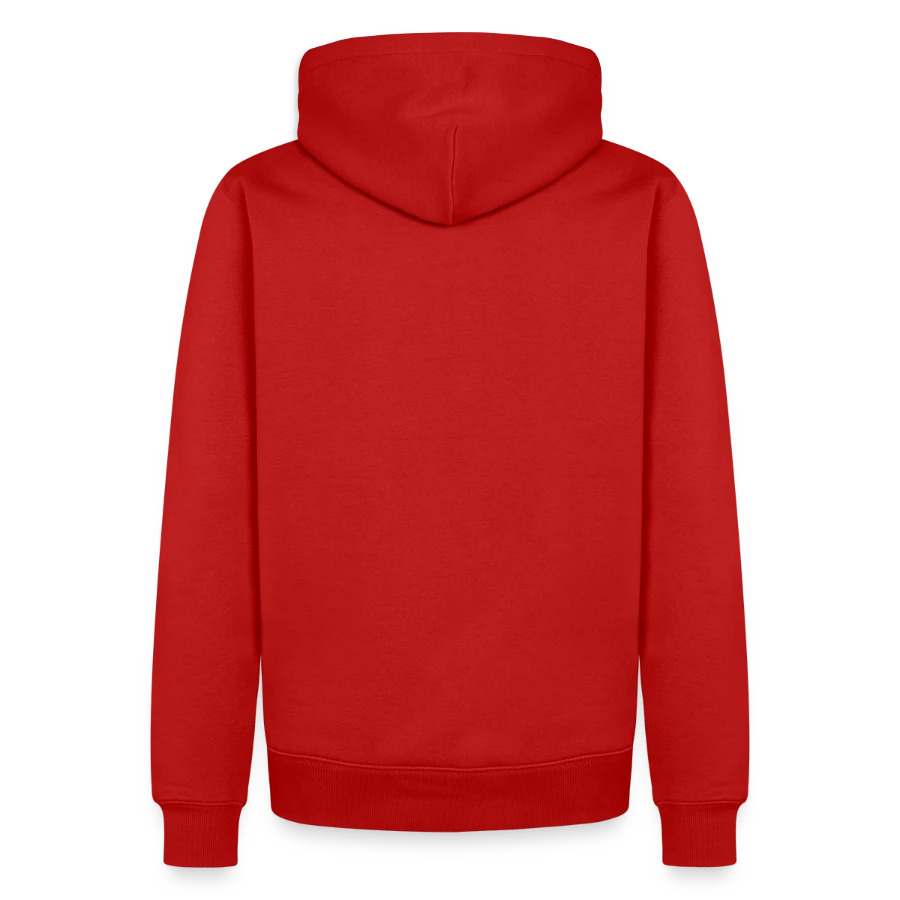 Mount Olympus badge on a men’s premium organic hoodie, red, back